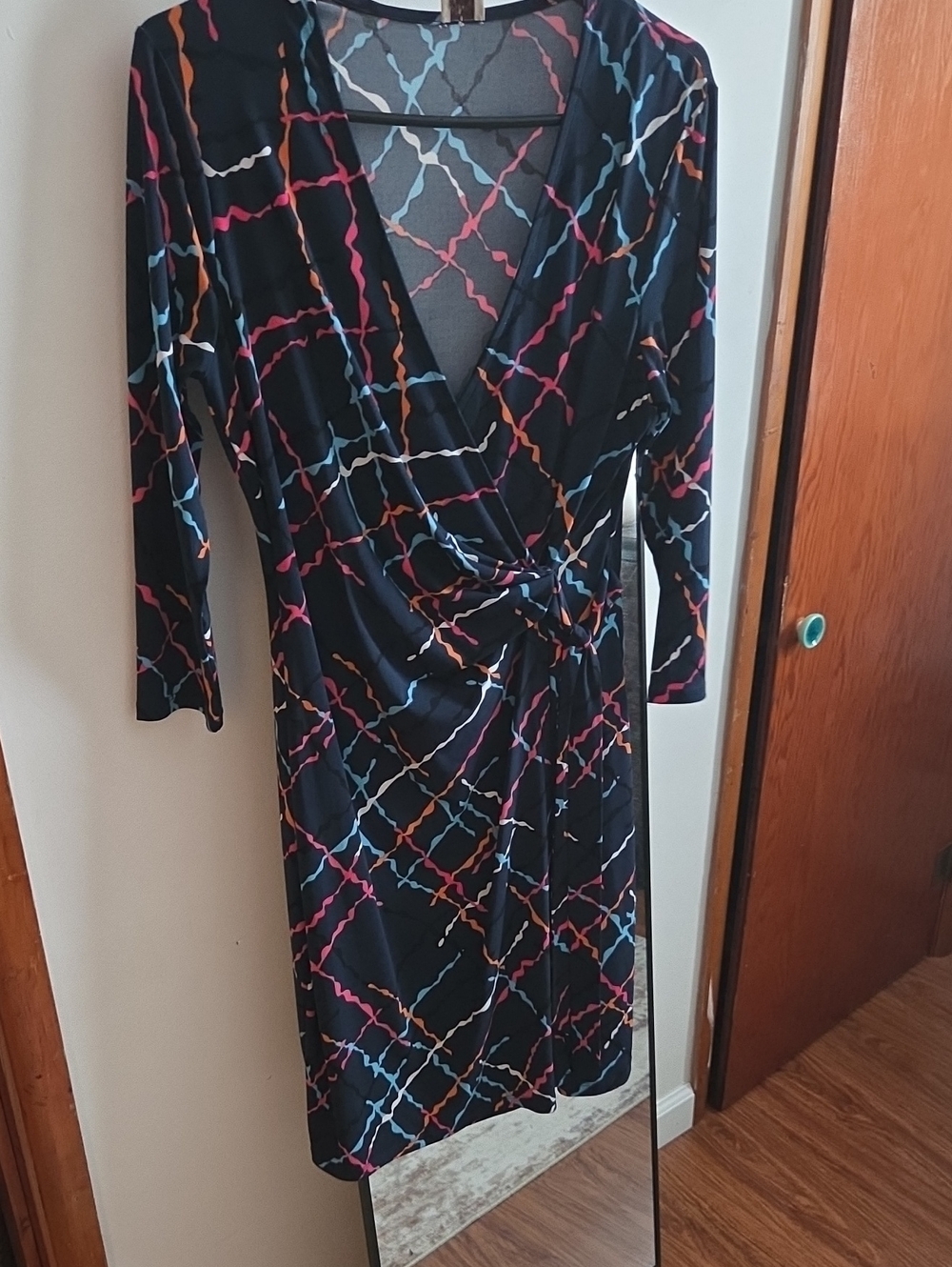 Anne Klein Black Faux-Wrap Dress with Pink, Blue and Orange Chain Print